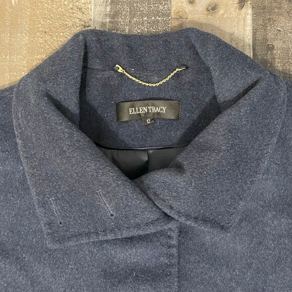 Ellen Tracy Winter Pea Coat Button Front Longline Wool Angora Women's 12 Navy - Picture 13 of 16